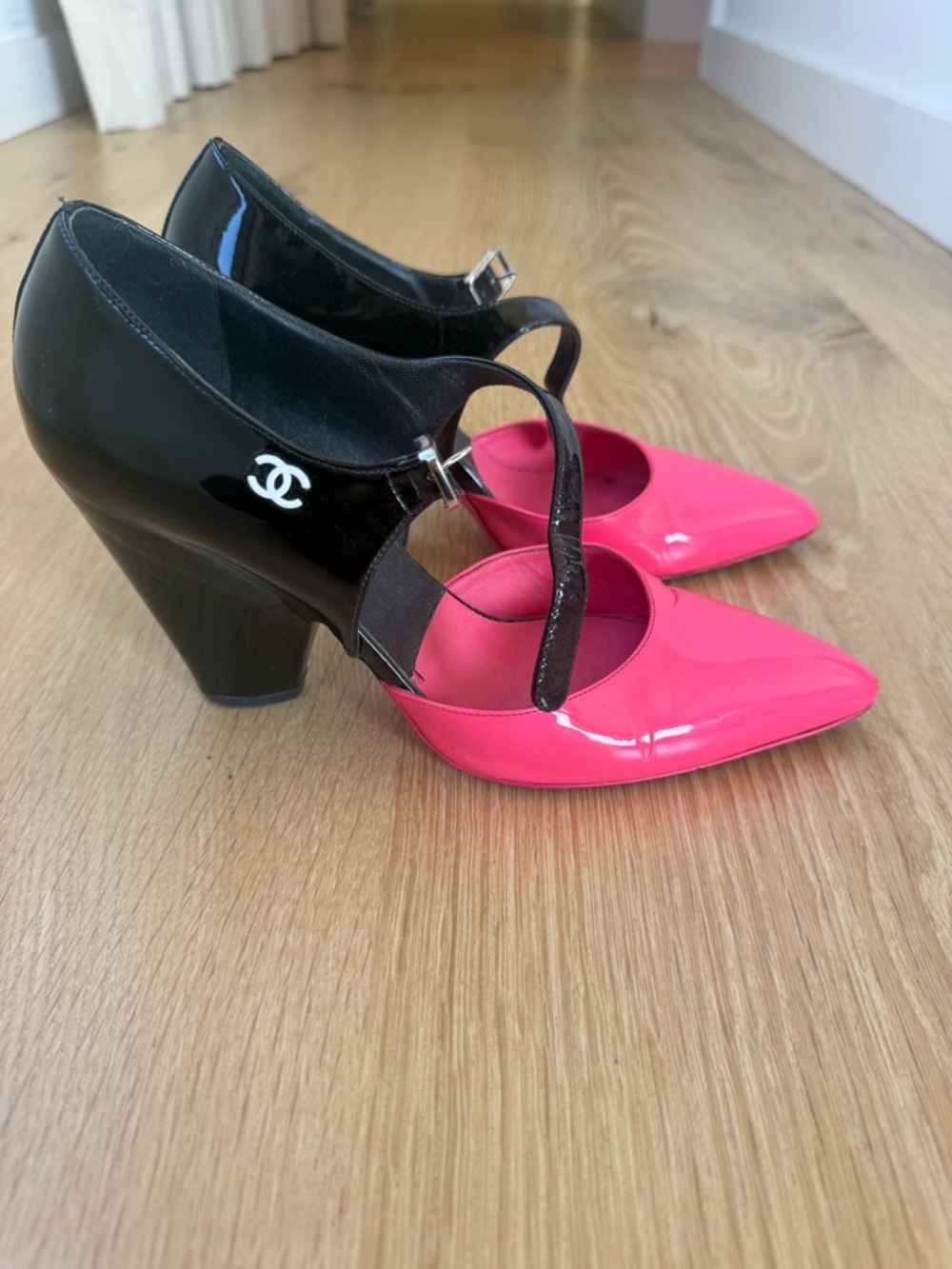 CHANEL Black and Hot Pink Patent Mary Jane Pumps